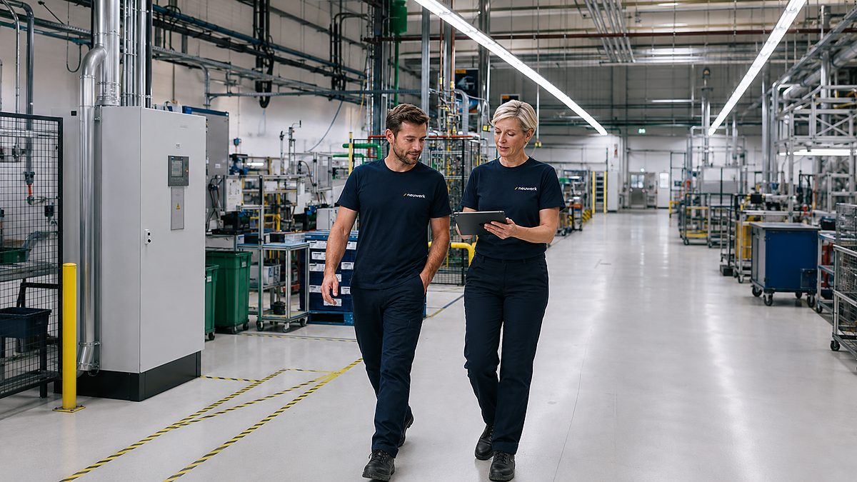 Two neuwerk colleagues walking through a production hall