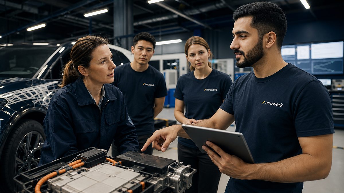 neuwerk engineers discussing a battery pack assembly